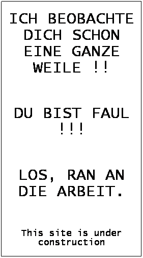 Textfeld: ICH BEOBACHTE DICH SCHON EINE GANZE WEILE !!

DU BIST FAUL !!!

LOS, RAN AN DIE ARBEIT.

This site is under construction
